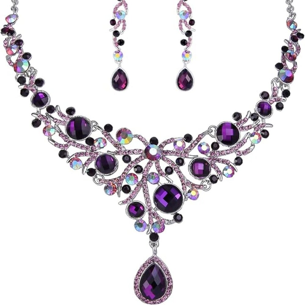 EVER FAITH Deluxe Purple Teardrop Crystal Pendant Necklace Earrings Set